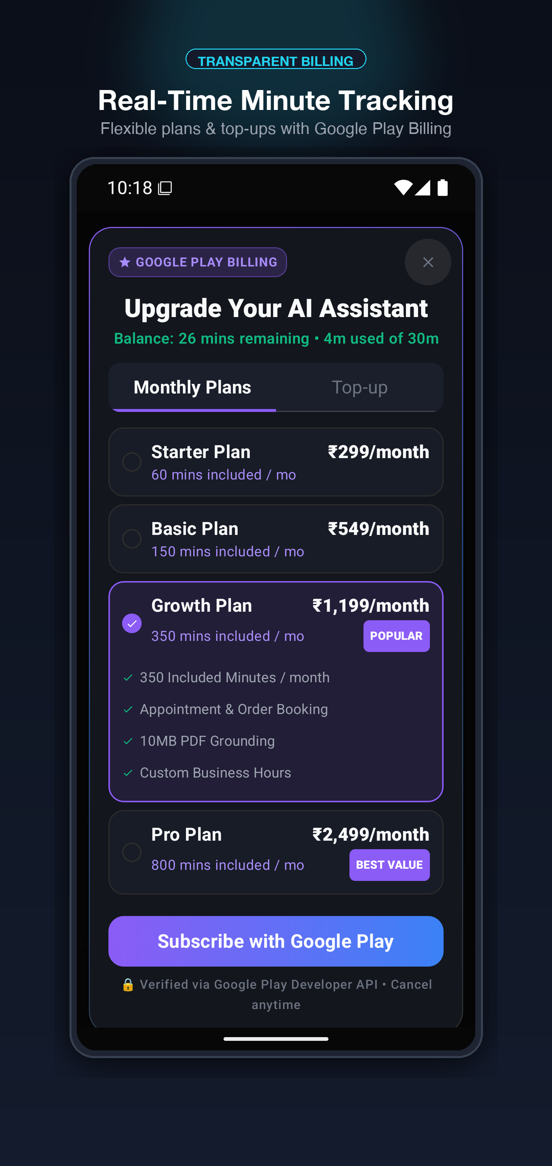Screen 5: Minute Balance & Google Play Billing