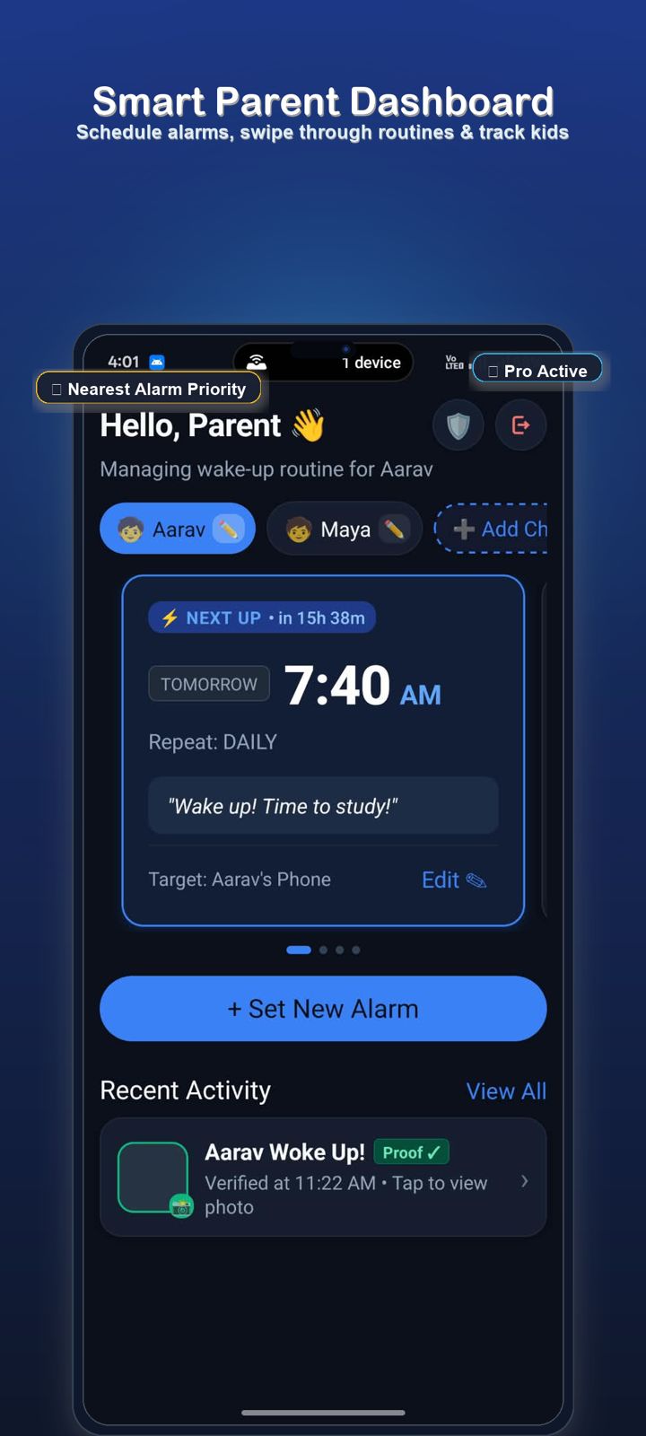 Wakeo Smart Parent Dashboard Screen