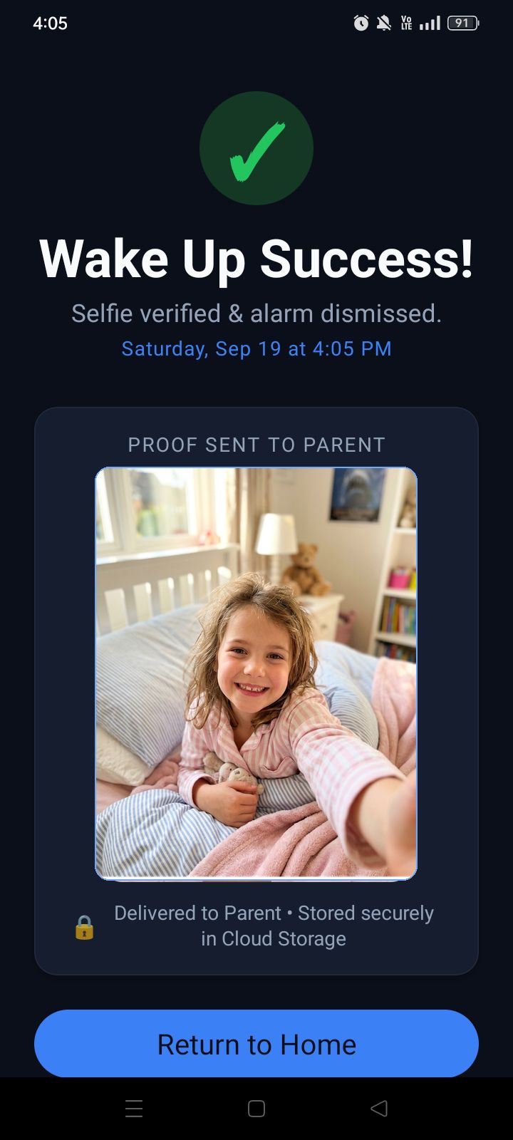 Wakeo Wake Up Success Screen