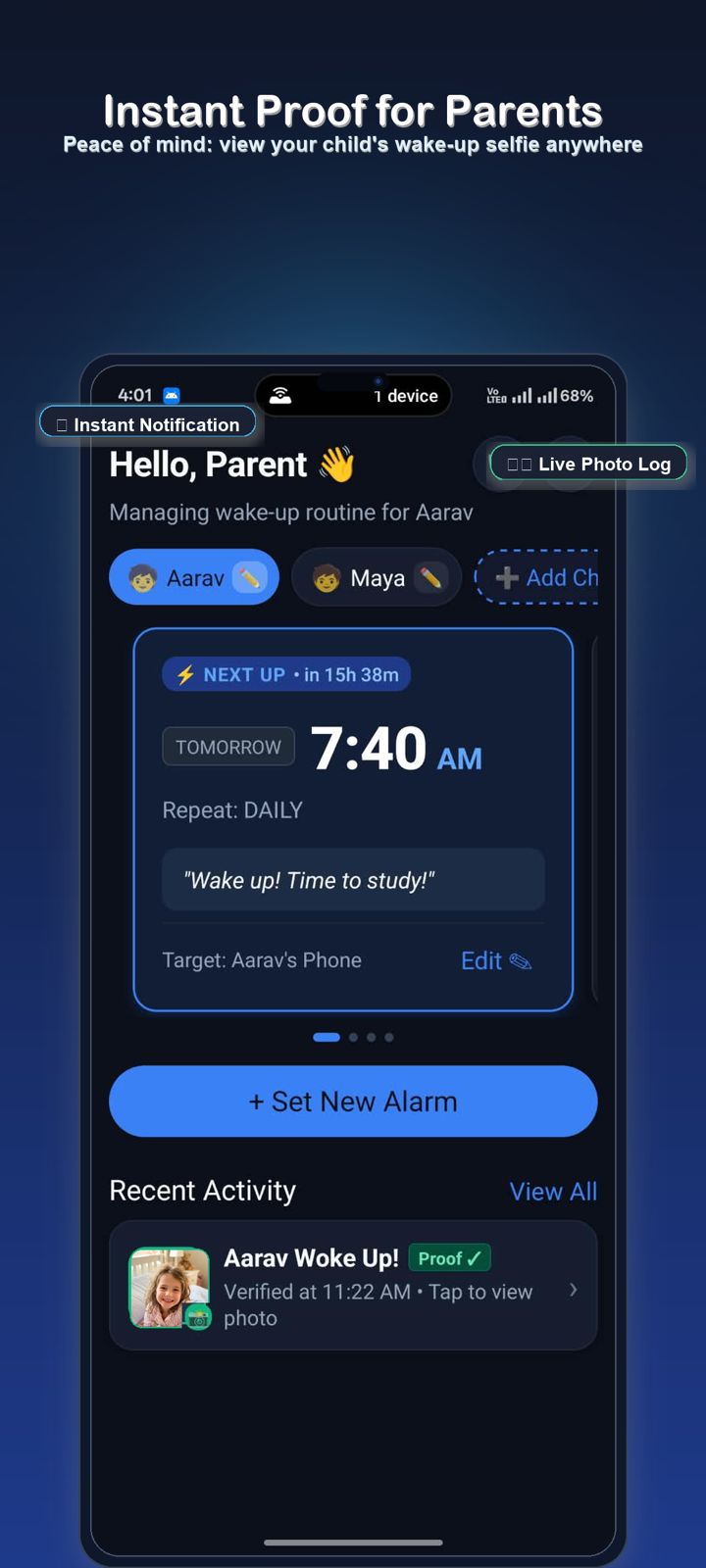 Wakeo Instant Proof for Parents Screen
